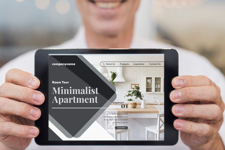 PSD sitio web minimalista de apartamentos con maqueta de tableta