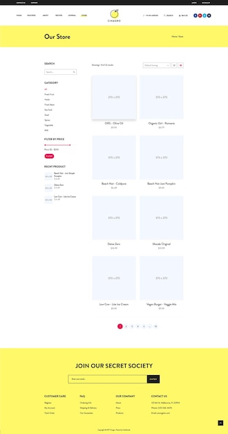 Sitio web de la tienda en línea que muestra listas de productos y elementos de navegación