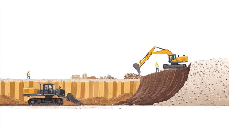 PSD sito di costruzione con escavatori bulldozer lavoratori e lavori di terra