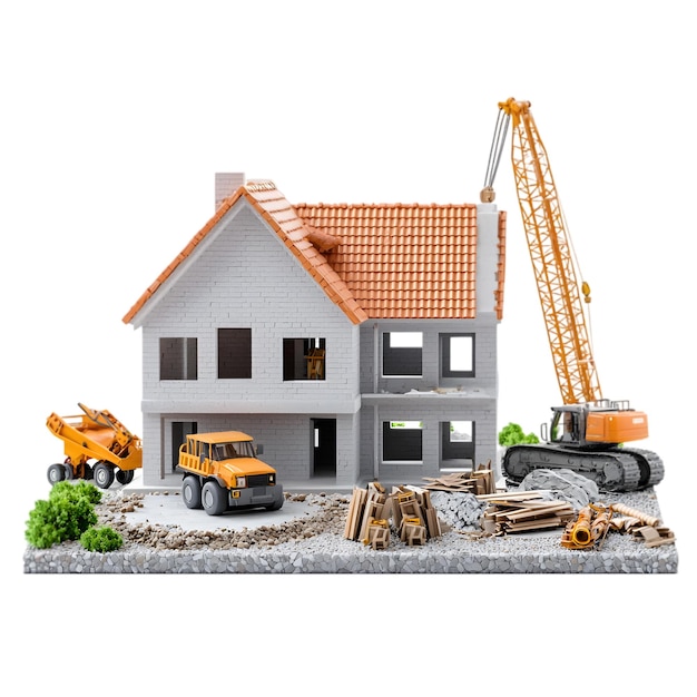 Sito di costruzione con gru per case modello e veicoli da costruzione isolati su sfondo bianco