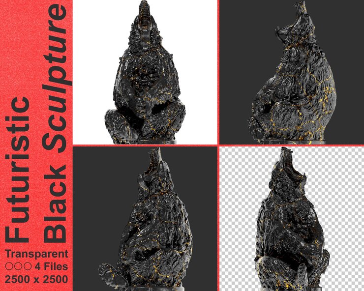 PSD sitting bear majestic escultura digital en 3d en mármol negro y oro