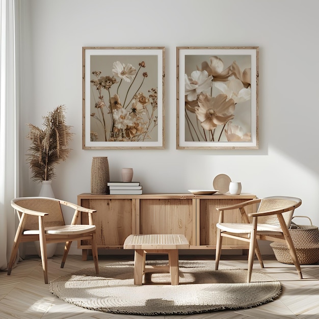 Skandinavischer komfort eleganter innenraum-mockup mit kunstrahmen wohnzimmer