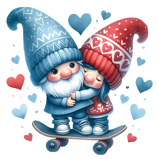 PSD skateboard gnome lindo con una pareja de san valentín ilustración de acuarela y clipart