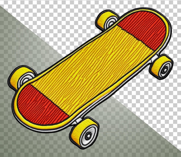 PSD skateboard vibrante con ruote gialle e ponte rosso tagliato fuori stock png