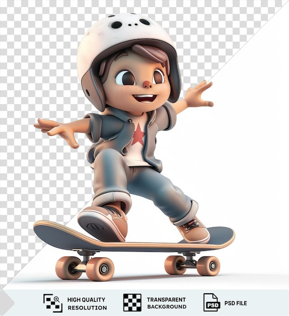 PSD skateboarder aislado 3d dibujos animados ejecutando trucos de desafío a la gravedad en un skateboard negro con ruedas blancas usando un casco blanco y mostrando su ojo y mano negros png psd