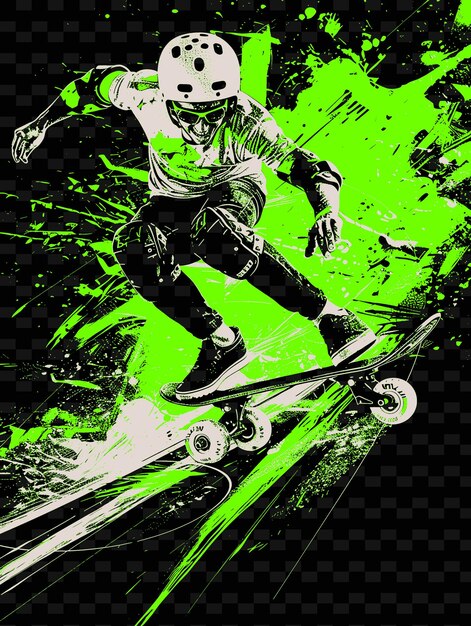 PSD skater à roulettes effectuant un tour avec une pose dynamique avec une illustration de joyfu flat 2d sport backgroundl