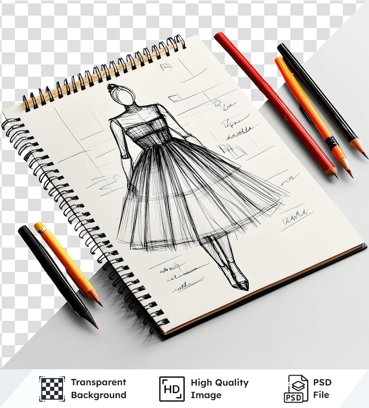 PSD sketchbook montre la conception de la robe crayons et notes image transparente du sketchbook