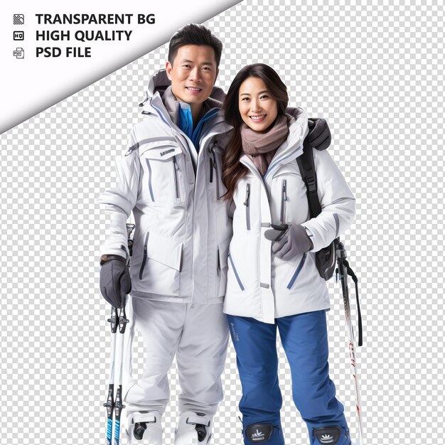 PSD ski en couple asiatique style ultra réaliste fond blanc