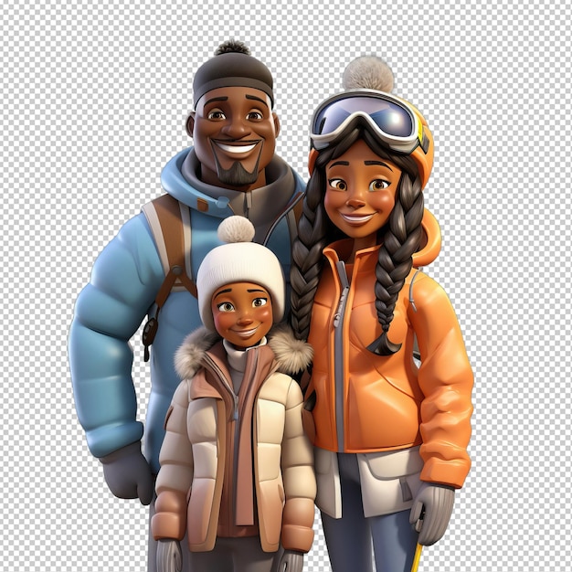 PSD ski en famille noire 3d style dessin animé iso de fond transparent