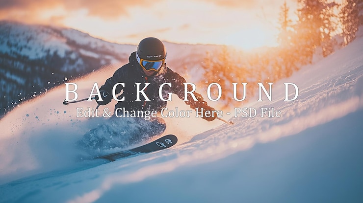 PSD un skieur descend de la montagne au coucher du soleil