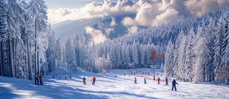 PSD des skieurs sur une pente enneigée avec une vue sur des montagnes enneigées