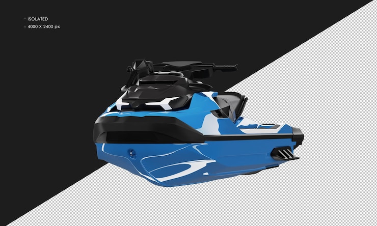 PSD skijet aquático esportivo azul brilhante realista isolado da vista de ângulo frontal esquerdo