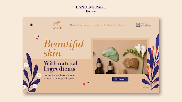 PSD skincare- und beauty-landing-page-vorlage mit blumen und blättern