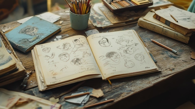 PSD skizzenbuch mit zeichnungen und kunstgegenständen auf einem tisch