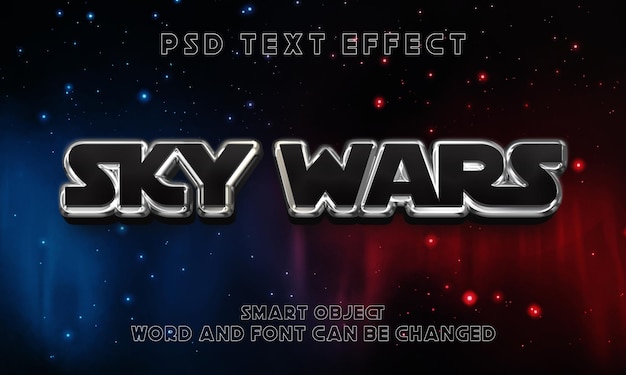 Sky wars text 3d-glänzende metallische texteffektvorlage