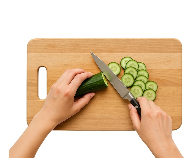 Slicing a cucumber on a wooden cutting board with a stainless steel knife