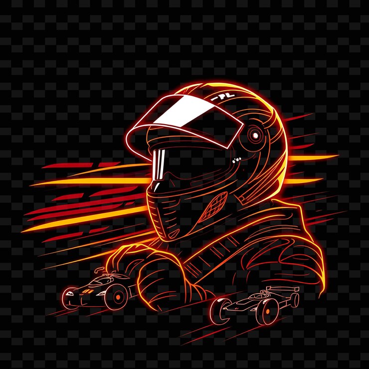 PSD slim race car driver con casco neon speed art design con decorazione a colori misti rosso e arancione