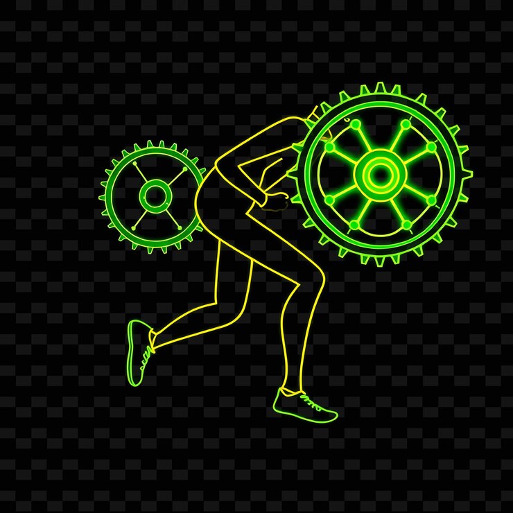 PSD slim race walker con engranajes neon stride diseño artístico con verde constante y amarillo decorado en colores mixtos
