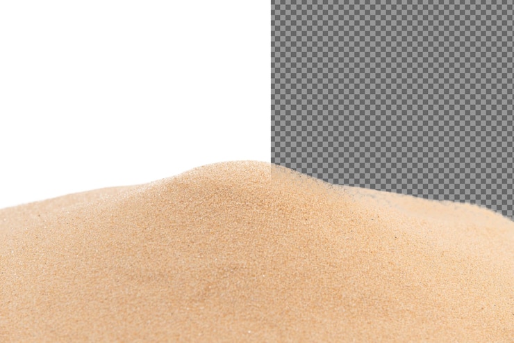 PSD small size fine sand flying pile golden grain like glass abstract silica material set yellow colored sand close up detail texture white background isolated