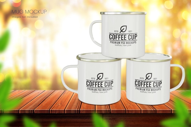 Smalto Tazza da caffè mockup di una pila di tre tazze su sfondo esterno