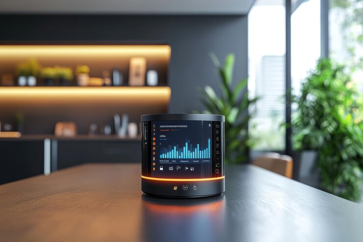 Smart home device displaying energy consumption data on a kitchen table