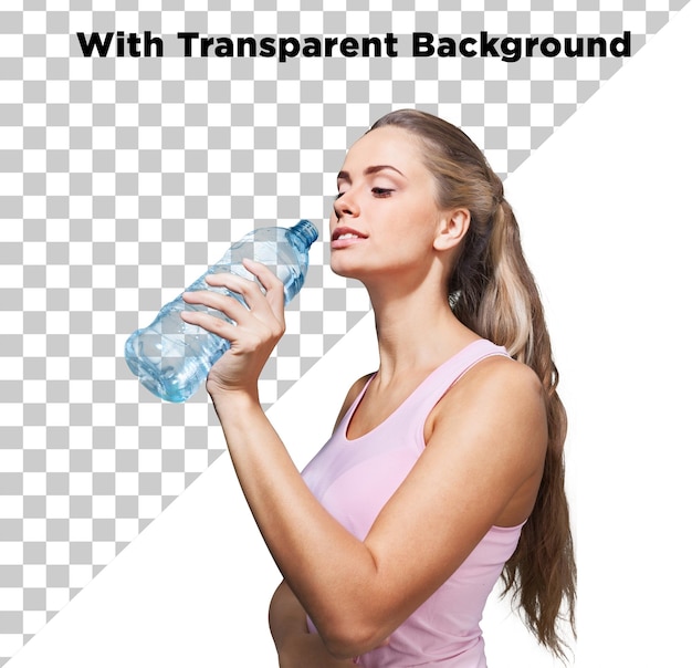 Smart Lady Fitness Trainer Beve acqua da bottiglia Medium shot Isolato sfondo trasparente