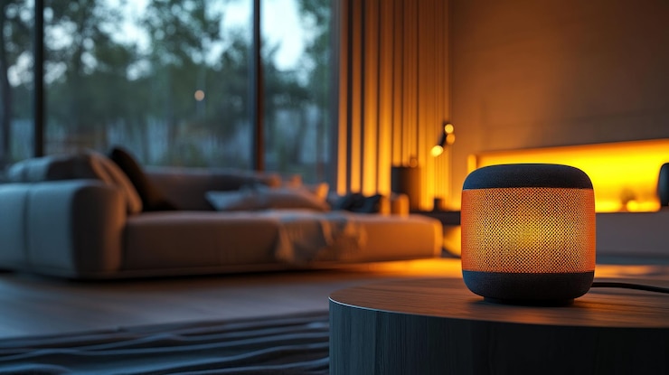 Smart speaker glowing softly on a wooden table in a dimly lit living room at dusk