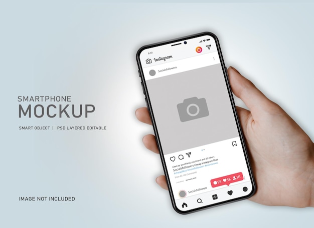 smartphon a mano vista derecha con maqueta de instagram