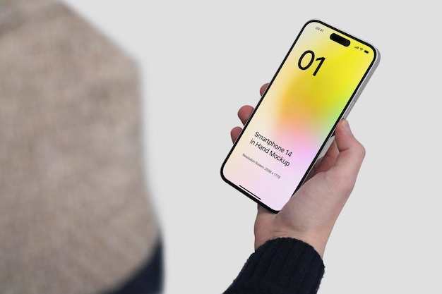 Smartphone 14 en maqueta de mano de pie sobre el hombro
