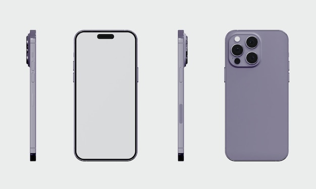 PSD smartphone 14 pro deep purple em diferentes perspectivas