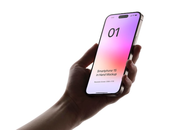 Smartphone 15 in Hand Mockup linke Ansicht