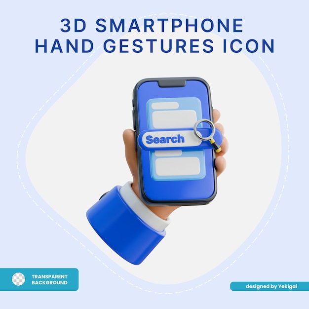 Smartphone 3D a mano con icona della barra di ricerca