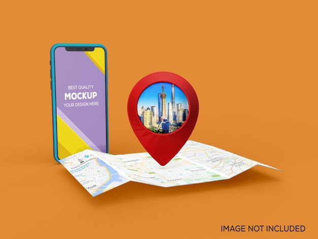 PSD smartphone 3d et broche gps rouge sur la maquette de la carte