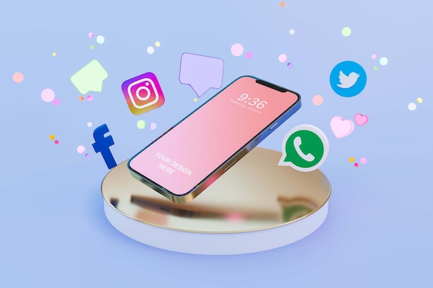 Smartphone 3D com tela em branco e vários ícones contra fundo azul
