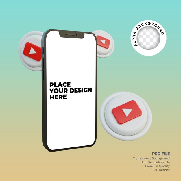Smartphone 3D e ícone de mídia social youtube