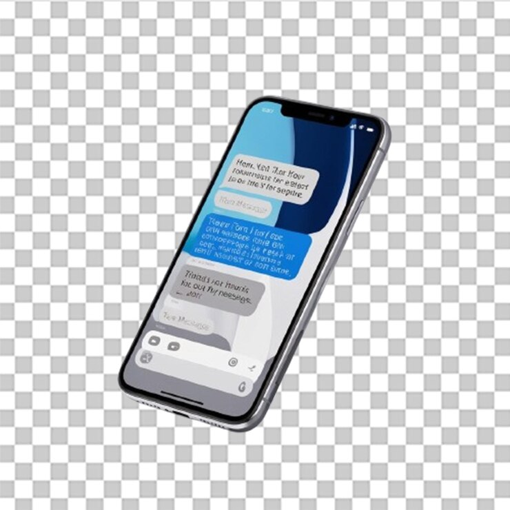 PSD smartphone 3d con interfaz de mensajería de texto con gráficos vibrantes y diseño interactivo moderno