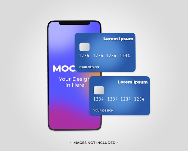 PSD smartphone 3d con maqueta de tarjeta de crédito
