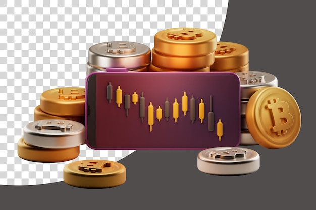smartphone and crypto coins during the market downturn 3d rendering