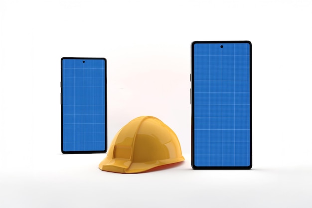 Smartphone and hard hat mockup on white background for Labor Day