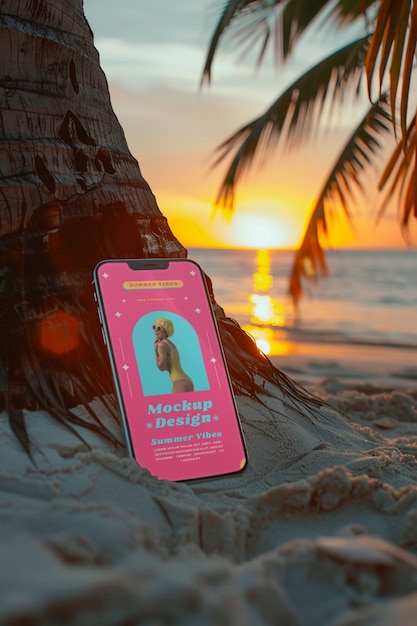 PSD smartphone auf dem strand im sommer-mockup