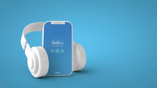 Smartphone blanc à écran de maquette avec lecteur de musique et écouteurs. illustration 3D