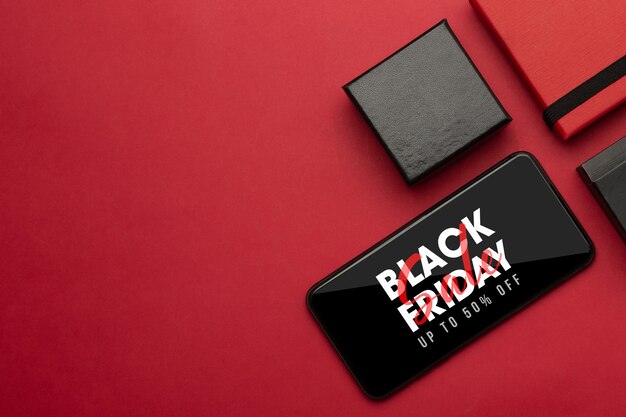 Smartphone con campaña de black friday en maqueta de pantalla