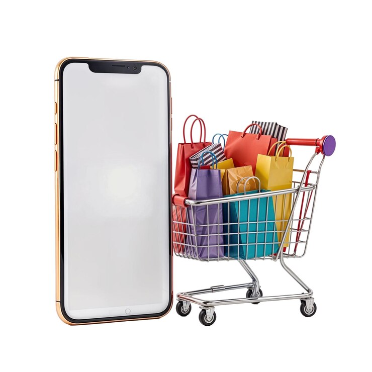 PSD smartphone y carrito de compras con bolsas de compras que representan compras en línea