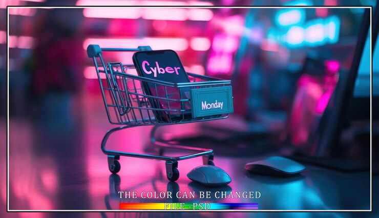 PSD smartphone en un carrito de compras con texto de cyber monday en un escritorio con un ratón de computadora
