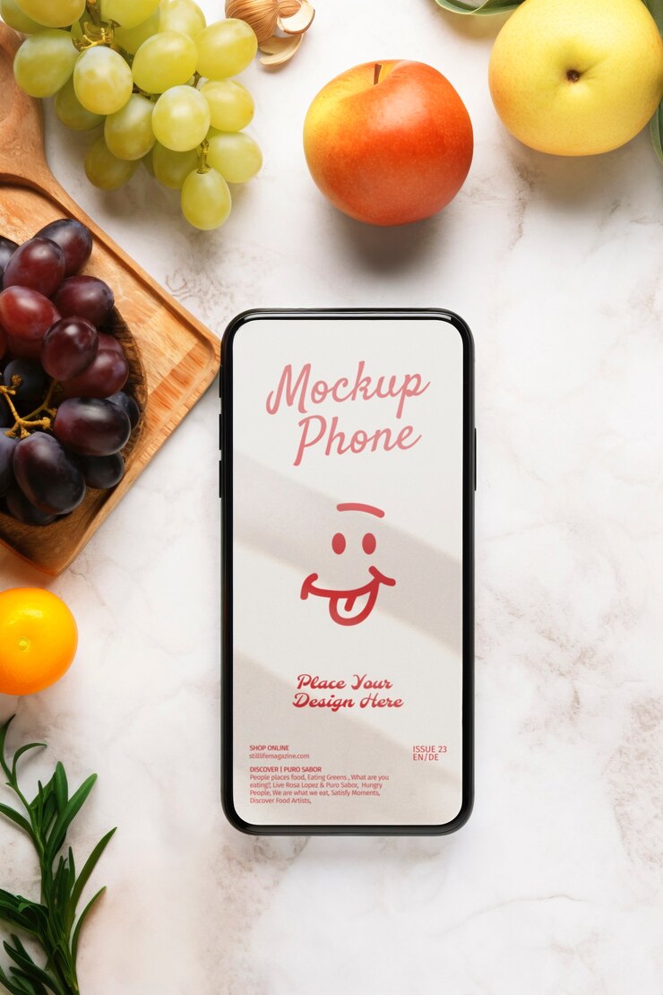 PSD smartphone en una cocina con comida.