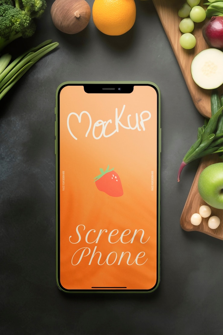 PSD smartphone en una cocina con comida.