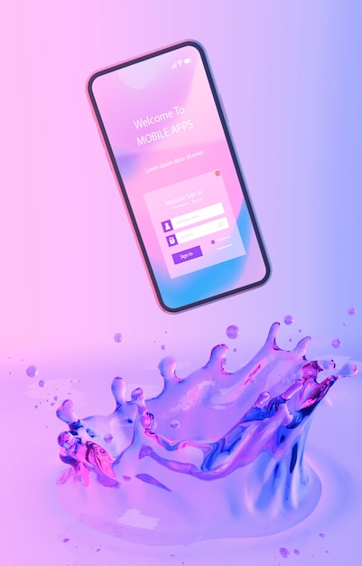 PSD smartphone com a página de login e fundo líquido colorido