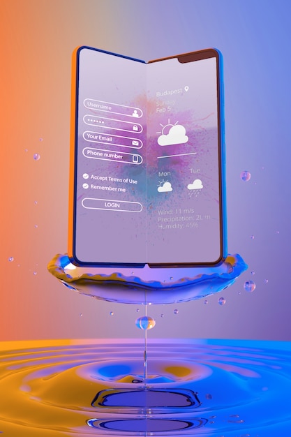 PSD smartphone com a página de login e fundo líquido colorido
