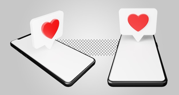Smartphone com amor de bolha do discurso isolado em fundo transparente. Renderização 3D