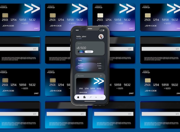 PSD smartphone com maquete de cartões bancários